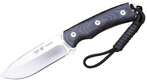 MIGUEL NIETO Cuchillo Chaman 140-M, Acero Vanadio 1.4116, Mango en Micarta canvas negra, Funda de Cuero + Tarjeta Multiusos de Regalo