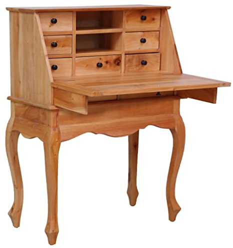 Hommdiy Sekretär Schreibtisch Massivholz Mahagoni mit Fächern und Schubladen im Vintage-Stil, elegant, robust, mit aufklappbarer Ablage, Couchtisch, Natürlicher Schreibtisch