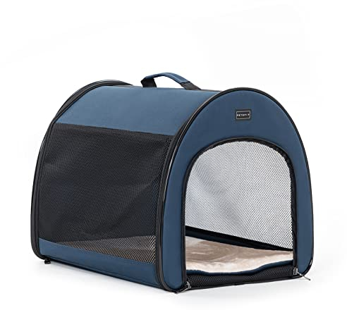 Petsfit Hundebox faltbar, tragbare & Atmungsaktive Hundebox für Zuhause mit Gewölbtem Design, Zimmerkennel Hund Hundeschlafbox mit Anti-Offener Reißverschluss und Plüschkissen,M, Blau