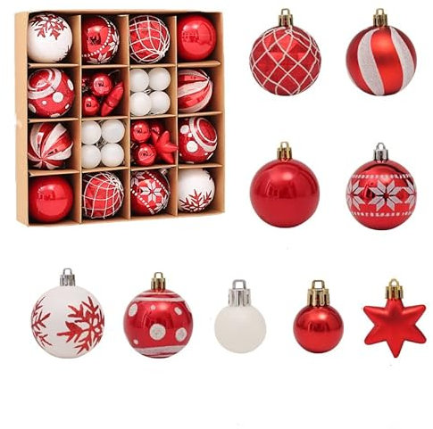 RUIYWEN 42 Piezas Bolas de Navidad de Plástico 3cm 6cm Bolas Decorativas Colgantes Bolas Adornos para Árbol de Navidad Guirnalda Decoración Fiestas (Rojo y Blanco)