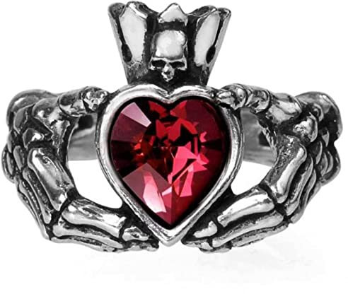 Ro Rox Alchemy England Claddagh by Night Ring Irish Blood Red Heart Skull Crown Gothic, Silber, L