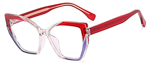 kachawoo TR90 Blue Light Blocking Gläser mit Frühlingsbein Cat Eye Polygon Bunte Rahmen Brillen Mode Rezept OL Eyewear (red purple frame)