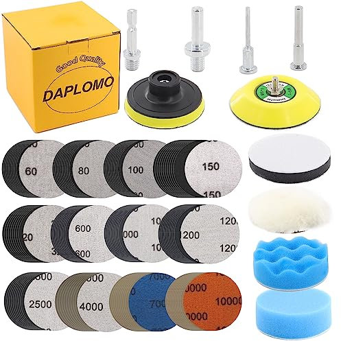 130ps Sandpapers 3Inch Grit 60-10000 Wet Dry Sander Sheets w 1/8&1/4 Shank Backer Plate, M10 Backing Pad, Interface Pad Grinding Abrasive Sponge Sanding Disc for Wood Car Polishing Headlight Cleane