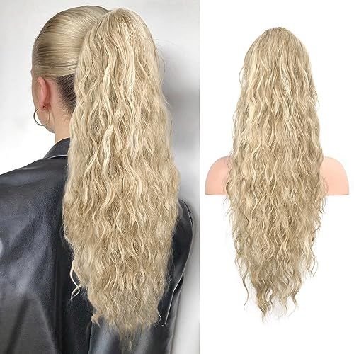 REECHO Ponytail Extension, 66 cm Long Beach Gewellt Zugband Pferdeschwanz Haarverlängerung Synthetischer Pferdeschwanz Haarteil für Frauen – Mittelblond mit Highlights