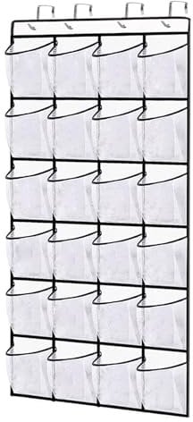 Mualady Over the Door Shoe Organizer, Hanging Shoe Rack, Shoe Storage with 24 Pockets and 4 hooks, Shoe Shelf Storage - White Shoe Holder for Bedroom