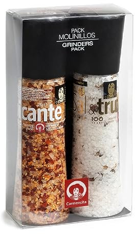 CARMENCITA - Pack 2 Molinillos Gigantes | Sal con Trufa | Sal Picante | Sazonador de sal con especias para cocinar | Sal condimentada perfecta carnes, pastas, salsas, tortillas y verduras | 680 g