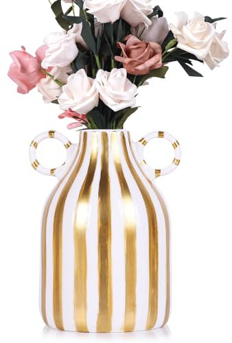 oliruim Keramik weiß und gold gestreifte Vase, handbemalt, modern, minimalistisch, böhmisches Dekor, zentraler Esstisch, Küchentisch, Bücherregal, Schlafzimmer, ästhetische Dekoration (D)