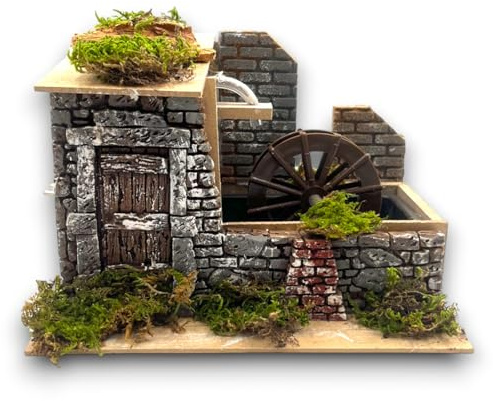 Aurora Store Fontana con Mulino a Ruota POZZO Presepe Natale in Legno e Sughero con Muschio in Mattoncini in Resina Scenario Paesaggio Presepio Napoletano casolare Fattoria Dimensioni 23x16X h.15cm