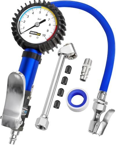 GERCHWAY Reifenfüller mit Manometer 0-10bar, Luftdruckprüfer für Kompressor | Reifendruckfüller, ±2 % Genauigkeit, extra langer 50-cm-Schlauch, 360°-Kopf, Euro-Stecknippel, Leuchtzifferblatt, Entlüftung