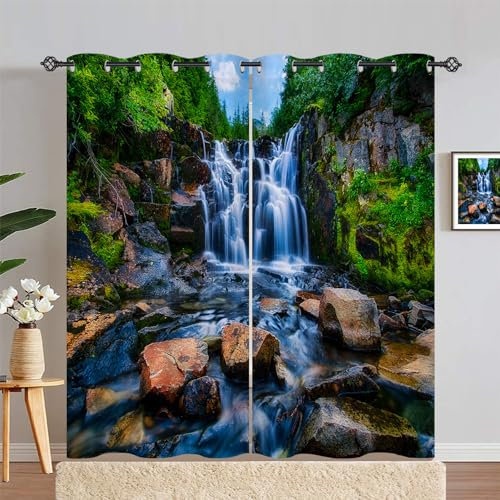 ANHOPE Natur Wald Wasserfall Creek Verdunklungsvorhänge mit Ösen Blickdichte Gardinen Blackout Curtain Thermo Vorhänge Weich Schlafzimmer Wohnzimmer Vorhang 2er Set H 214 x B 140 cm