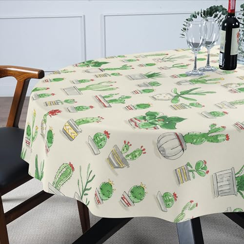 Tischdecke Stoff abwaschbar Tischtuch Tafeldecke pflegeleicht Lotuseffekt schmutz- & wasserabweisend für Indoor Outdoor Tischdecke Oval 180x140cm Schnittkante Kaktus