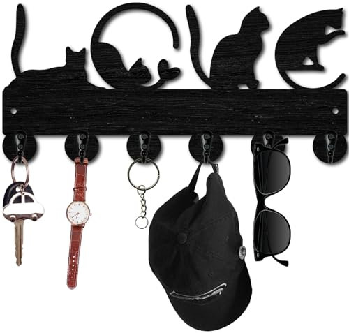 CREATCABIN Porte-Clés Mural en Forme de Chat Noir avec Crochets pour Porte-Clés en Bois avec 6 crochet pour Organisateur de Clés,Décoration Murale pour Serviettes,Entrée,Porte D'Entrée,Couloir 30x14cm