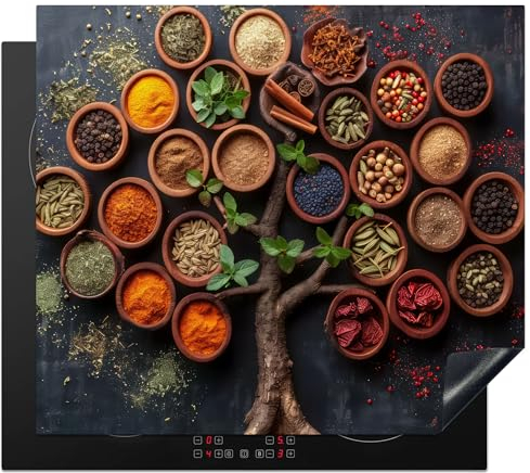KitchenYeah© Herdabdeckplatte Einteilig Herdabdeckung Abdeckplatte für Ceranfeld Abdeckung Induktionskochfeld Aufrollbare Matte Kräuter - Baum des Lebens - Küche - Kochen - 60x52 cm