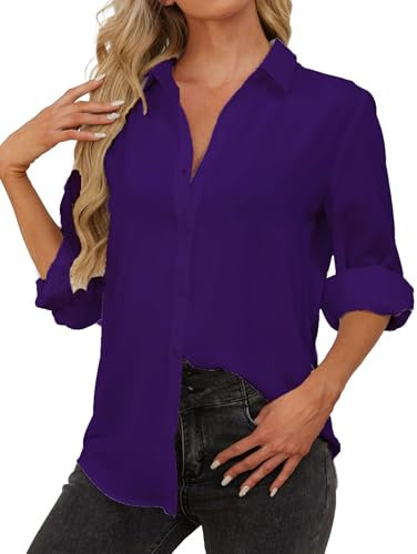 SPRING SEAON Womens Blouse and Shirts Long Sleeve Button Down Shirts Chiffon Collared V-Neck Loose Pleated Office Casual Business Work Tops Dark Purple