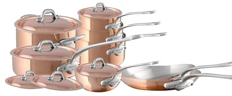 Mauviel M'Heritage 150 S 1.5mm Polished Copper & Stainless Steel 14-Piece Cookware Set with Cast Stainless Steel Handles and Curved Lid, Made in France