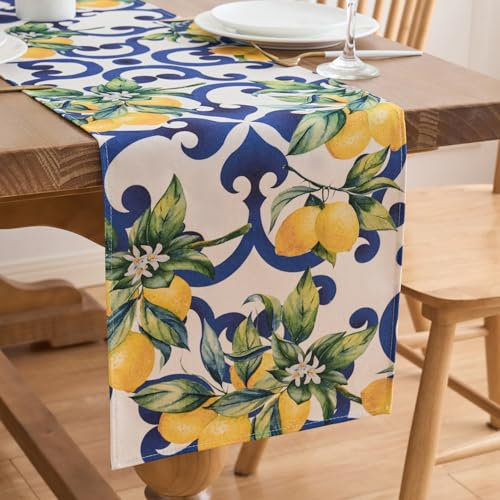 Tischläufer Blau Zitrone Hochzeit Abwaschbar Gelb Zitronen 33x183 Modern Polyester Herbst für Drinnen Draußen Party