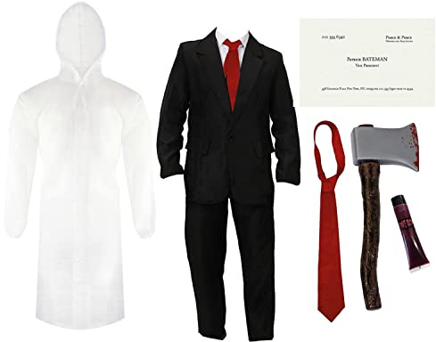 Patrick Bateman-Kostüm für Erwachsene, Größe XL, schwarzer Anzug, transparenter Regenmantel, rote Krawatte, falsche Axt, Kunstblut und Visitenkarte – Herren-Kostüm, amerikanischer TV-Film,