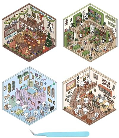 4PCS 3D Sticker Scene,3D House Sticker Set,Scrap Book Set,Sticker Scene Book, Fun DIY Stickers Scene Make Your Own Supermarket,Coffee Shop,Restaurant,Bookstore.
