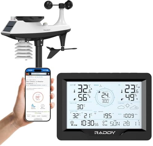 Raddy Stazione meteo wireless 15 in 1 Wi-Fi MN6 per interni ed esterni, monitoraggio dell'umidità della temperatura con pressione dell'aria, pluviometro, velocità del vento, UV, previsioni meteo