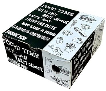 100 Pezzi Delivery Box Cibo da Asporto Ideale per Fritti Non Unge, Contenitore per Alimenti Usa e Getta per Asporto, Delivery, Stampa Nera e Scritte in Tema Cibo, Totalmente riciclabili (15x15x7,5 cm)
