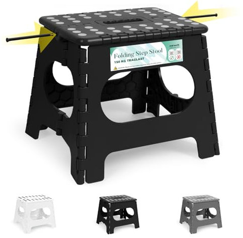 HEIMWOHL Reinforced Folding Step Stool, 11 Inch Black Foldable Stool with Enhanced Stability, Anti-Slip Design for Kids & Adults, Supports 150kg, Lightweight, Easy to Store, Ideal for Kitchen