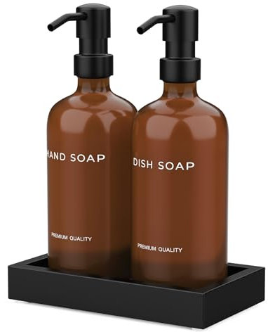 Amber Kitchen Soap Dispenser Set with Tray - Hand and Dish Soap Dispenser for Kitchen,Modern Kitchen Decor & Accessories. (Amber)