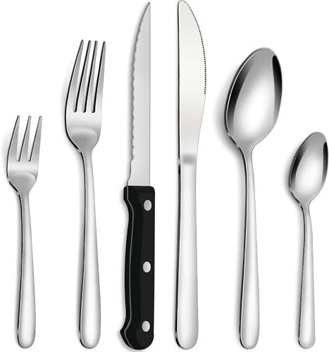 Bestdin couverts de table avec couteaux à steak, 72 pièces couvert 12 personnes, couverts en acier inoxydable avec couteau fourchette cuillère, poli miroir & lavable en lave-vaisselle