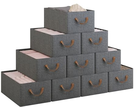 WOLTU Faltbare Aufbewahrungsboxen 10 Stück, Stoff-Aufbewahrungswürfel mit Griffen, Organizer Boxen für Regale, Stapelboxen zur Aufbewahrung, Grau, 47x28x20cm