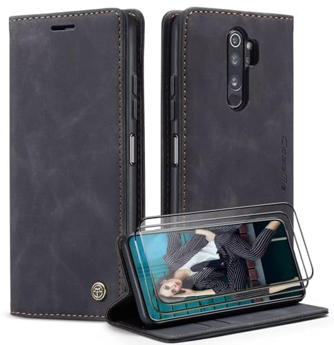 SLWYF Coque pour Xiaomi Redmi Note 8 Pro Etui Coque avec 2 Verre Trempé Porte Carte Clapet à Rabat Portefeuille Cuir Case Housse Protection Flip [Fentes pour Cartes] Cover, Noir