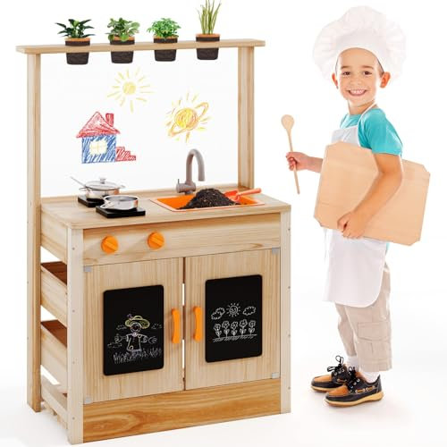 GYMAX Kids Mud Kitchen, Fir Wood Children Potting Bench Table with 4 Pots, Sink, Stoves, Chalkboards & Accessories, Outdoor Toy Kitchen for 3 Years Old+