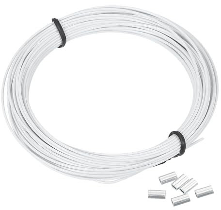 PATIKIL 1mm Cavo D’Acciaio, 10 m Cavo In Acciaio Inox 304 Rivestito In Vinile Nero Con 20 Pezzi Di Occhielli A Crimpare M1 Per Appendere Luci Fili Per Tralicci, Bianco