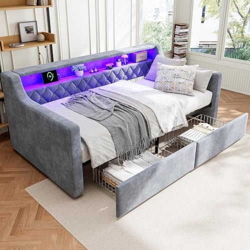 Upholstered Bed Daybed, 3ft Single Bed Frame with LED Light Strip&Type A Type C Charging Ports&2 Drawers, Sofa Bed Youth Bed Frame with Storage Compartment&Wooden Slats, Velvet, No Mattress, Grey