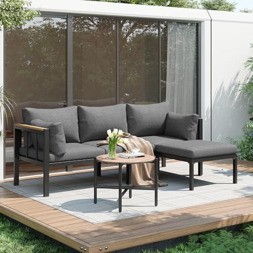 TIZZ Juego de muebles de jardín, esquinero, sofá, mesa de café, reposapiés, tubo de acero galvanizado, mesa de cristal, adecuado para jardines, piscinas y otros exteriores, color gris