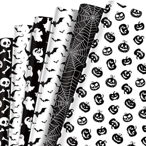 HOWAF 12 Halloween Geschenkpapier, Spinne, Fledermaus, Kürbis Geschenkpapier für Dia De Los Muertos, Verpackung Dekoration, Schwarz und Weiß