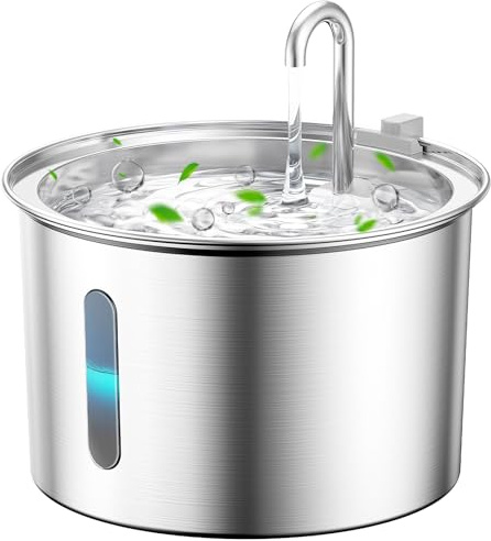 oneisall Fontana per gatti in acciaio inox, 2 l, fontana per gatti, super silenziosa, con finestra del livello dell'acqua, fontana per gatti, 3 filtri ai carboni attivi, lavabile in lavastoviglie