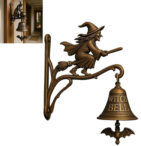 Halloween Deko Outdoor Hexen Türklingel, Vintage Schmiedeeisen-Halloween deko Figuren Hexen Türklingel, wandmontierte Hexenglocke mit Besen, Dekorative Außenglocke für Veranda, Garten, Haustür (A)