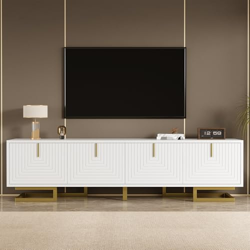 Merax TV Unit Cabinet Entertainment Center, White & Gold | For Living Room, Storage Cabinets, Sturdy Metal Base, 160x34x35.5CM