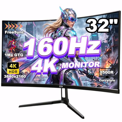 ZZA - 32 Zoll Curved Gaming Monitor, 4K UHD Display (3840 x 2160) VA, 1500R Eintauchen, 144Hz / 160Hz Bildwiederholrate, Advanced Computer Display, AMD Support