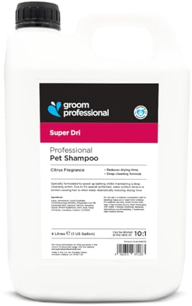 Groom Professional Super Dri Shampoo 4L Schnell Trocknendes Hunde-Shampoo mit Speziellem Tensid zur Reduzierung der Felltrocknung – Tiefenreinigung mit Zitrusduft Für Dichte und Dicke Felltypen