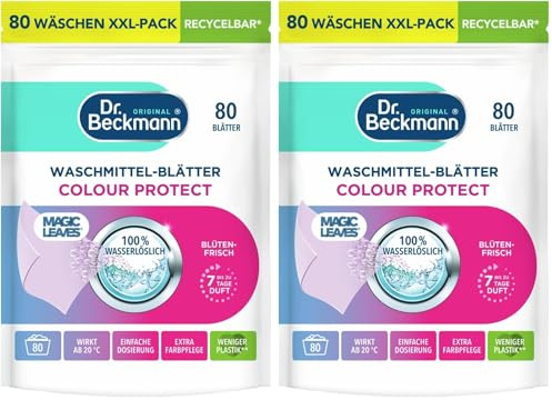 Dr. Beckmann Waschmittel-Blätter Color | Wasserlöslich | 2 x 80 Blätter | Vordosiertes Blattformat | Platzsparend & vegan | Frischer Duft | Für Buntwäsche | Geruchsentfernung