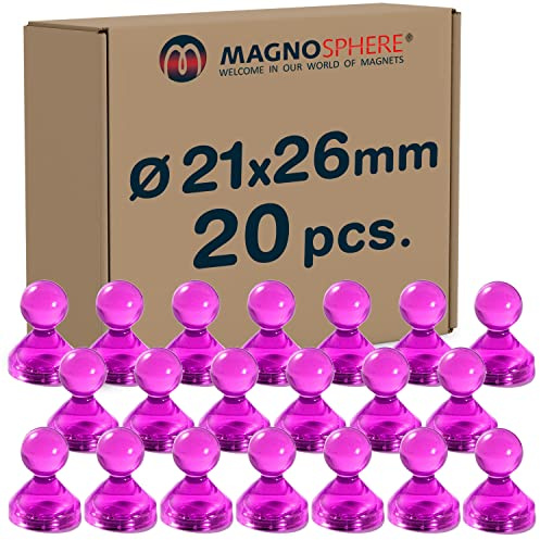 Magnosphere Mini Magnete für Pinnwand Kühlschrank Whiteboard, Ø 21mm, 20 Stück, Rosa, Neodym, Acryl