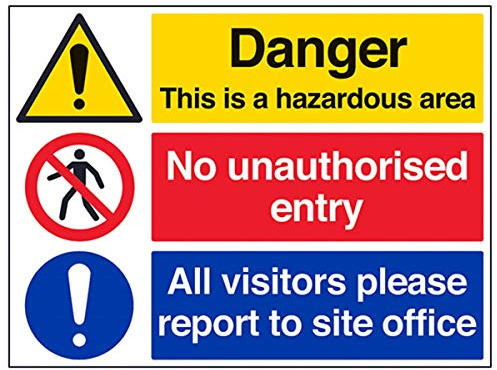 VSafety Panneau d'avertissement en vinyle autocollant pour zone dangereuse/No Unauthorised Entry/Report To Site Office – Paysage – 400 mm x 300 mm