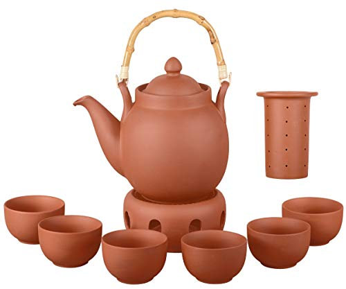 Aricola Ton Teeservice Tenno 8-teilig. Bestehend aus Ton Teekanne 1,6 Liter, Stövchen und 6 Tontassen. Handgefertigt, Original