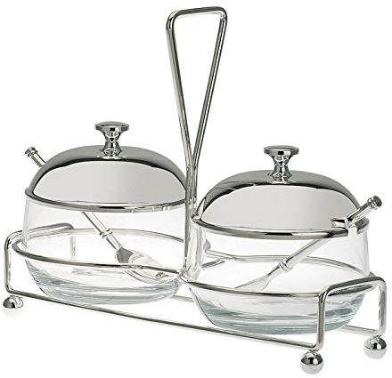 H.Bauer jun. Hochwertiges Marmeladenglas Set mit 2x 255 ml - Mehrzweck-Gläser mit versilberten Tragegestell, Löffel und Deckel mit Knopfgriff - Universal Menage Set ideal als edle Tischdeko