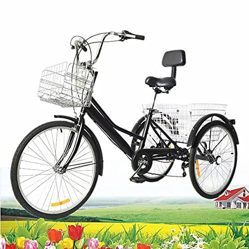 24 Zoll Dreirad Für Erwachsene 7 Geschwindigkeiten 3 Rad Fahrrad Dreirad mit Einkaufskorb und Rückenlehne Dreirad Trike Bike Radfahren für Erwachsene und Senioren Schwarz (Nicht Faltbar,2 Korb)