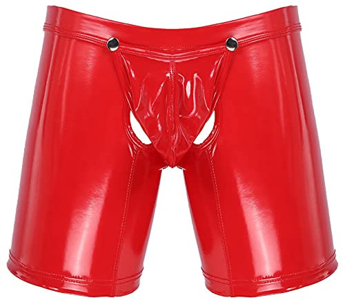 iEFiEL Herren Boxershorts Unterhose Slip Pants Hipster Lack Leder Wetlook Männer Unterwäsche schwarz M L XL XXL Ouvert Rot XL