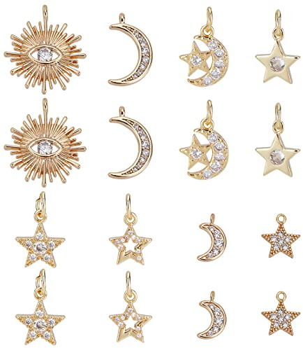 SUPERFINDINGS 16pcs 8 Styles Messing Micro Pave Zirkonia Charms Strass Kristallperlen Anhänger Stern Mond Schmuckzubehör Für Armbänder Halsketten Ohrringe Herstellung