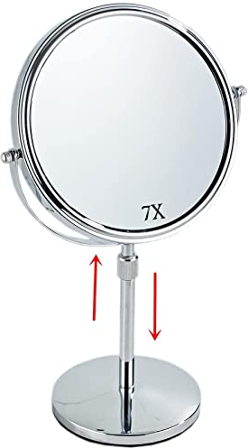 HIHIA Miroir de maquillage de table de 48 cm, double face grossissant 7x, miroir réglable avec pied pour salle de bain, finition chromée debout (argent)