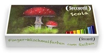 Seccorell Scola: 8 Finger-Wischmalfarben in Schiebeschachtel | 8 Farbstäbchen, Reibering, Radierstäbchen & Reinigungsbürste. Kreatives Malset für Schule, Zuhause und Atelier.