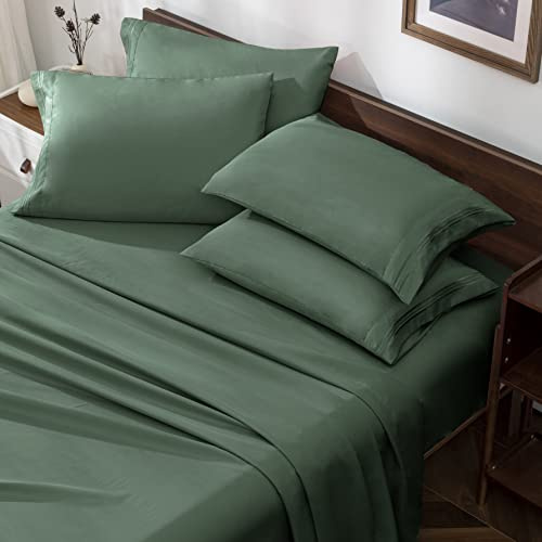 Horbaunal Green King Size Bettlaken-Set – 6-teiliges Luxus-Bettwäsche-Set mit Fadenzahl 1800 – 40,6 cm Tiefe Mikrofaser-Bettwäsche-Set – weiche und knitterfreie Bettwäsche